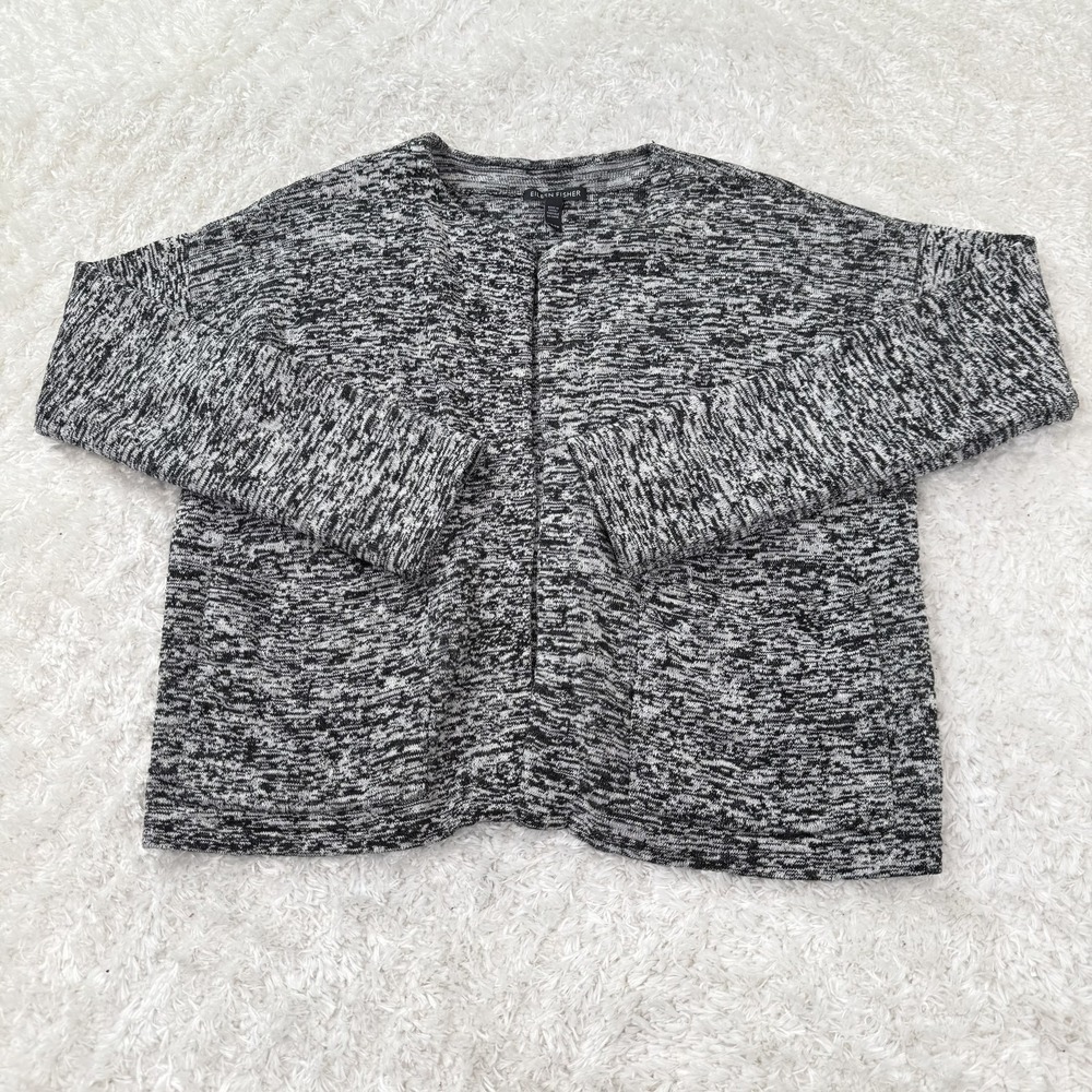 Eileen Fisher Sweater Womens XS Gray Marled Silk Linen Blend Open Front Cardigan